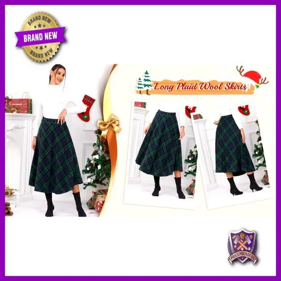 Wool Plaid A-Line Maxi Skirt with Elastic Waist and Pocket - Picture 6 of 7